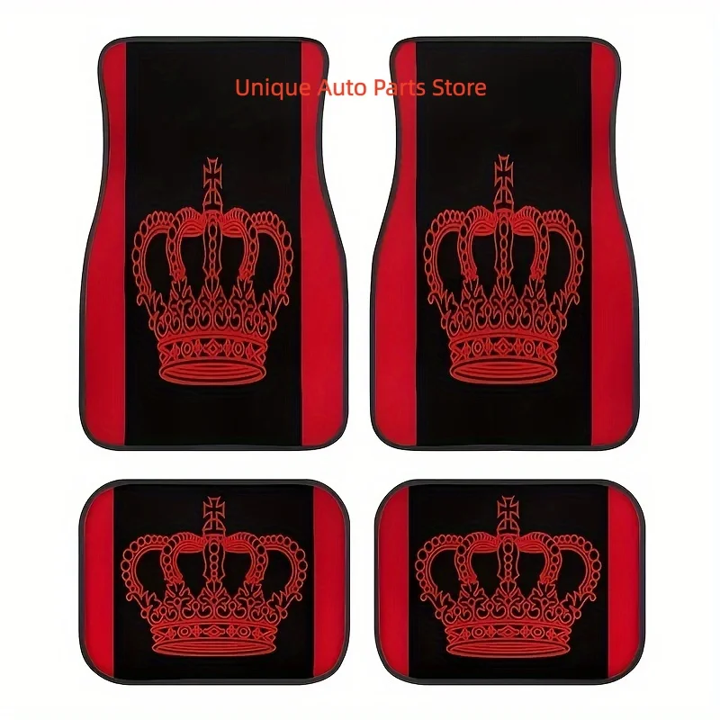 4pcs Red Crown Car Floor Mats Set, Easy to Clean, Polyester Fiber, Universal Fit for All Driving Positions, Durable Vehicle Inte