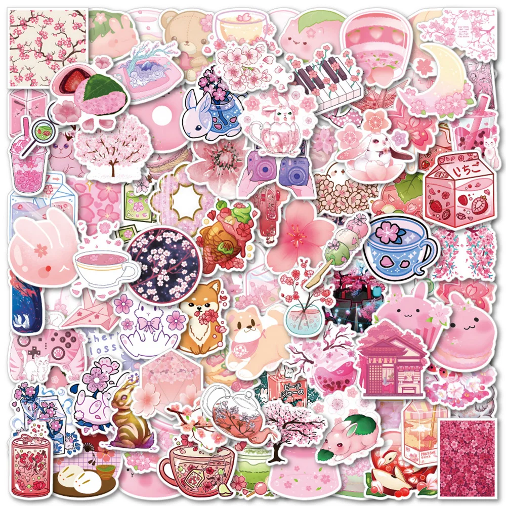 

10/30/50/100pcs Pink Sakura Small Fresh Aesthetic Stickers Cute Cartoon Animal Sticker Guitar Fridge Phone Laptop Decals Packing