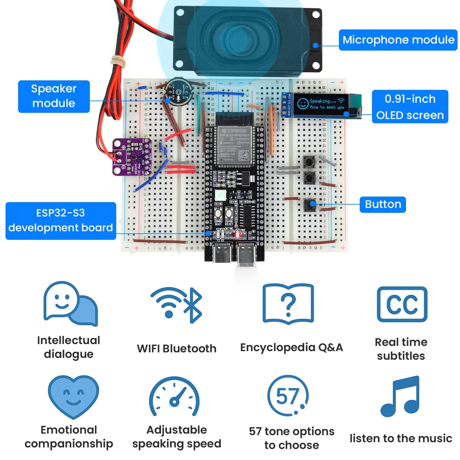 Keyes ESP32 S3 Al Chatbot Breadboard DIY Electronic Kit with OLED Display Screen Al Voice Assistant Starter Kit for Deepseek