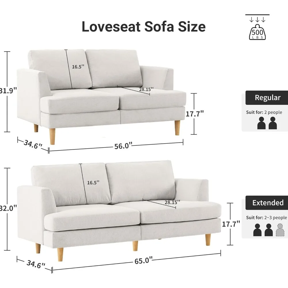 Loveseat 소파 65", 작은 공간을 위한 깊은 좌석 작은 소파, 거실을 위한 Mid Century Love Seat 소파, 덮개를 씌운 2인용