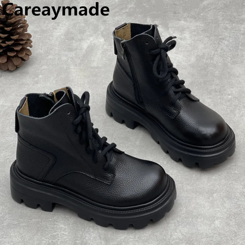

Careaymade4cm Cow Genuine Leather Shoes Ankle Booties Women British Flats Autumn Platform Wedge Spring Rubber Pumps Ankle Boots