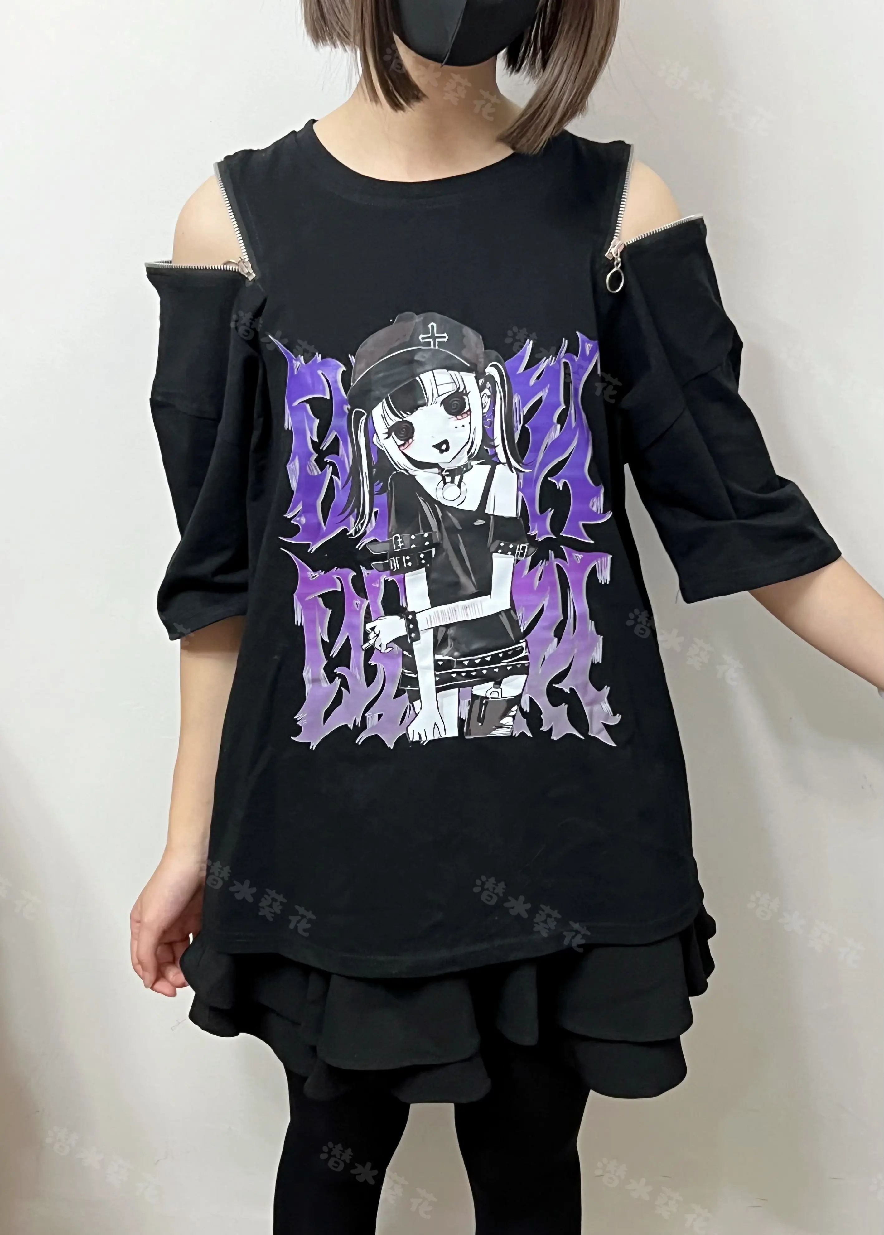 T-Shirt à épaules dénudées avec fermeture éclair originale, sous-culture d'été, ample, Slim, imprimé Anime, haut noir pour étudiant, Harajuku Y2k, vêtements