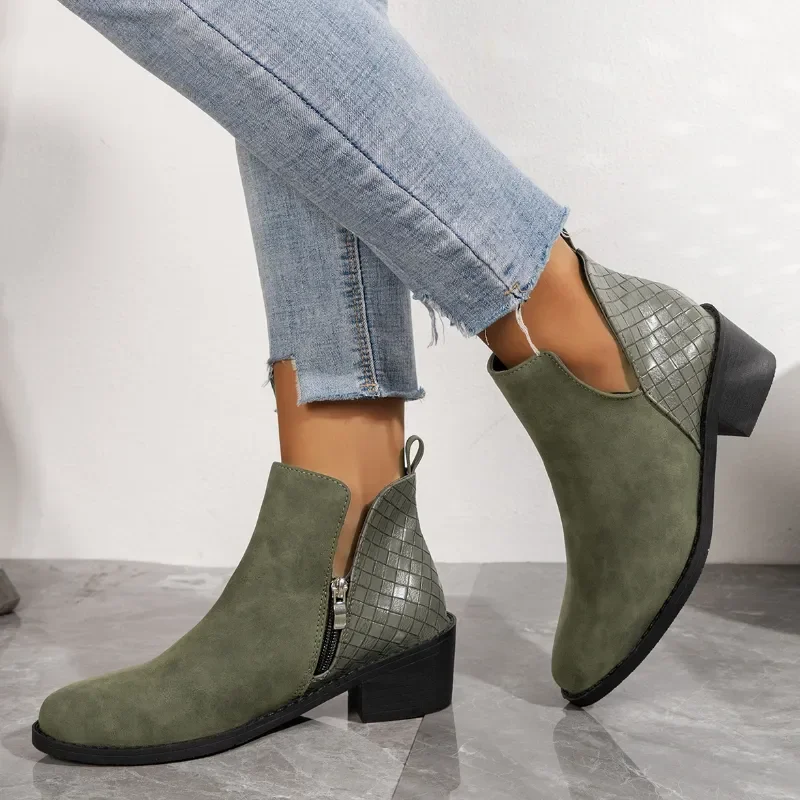 2023 Suede Zipper Ankle Boots for Women Autumn Pointed Women Shoes Woven Patchwork Female Boot Concise Square Heel Chelsea Boots