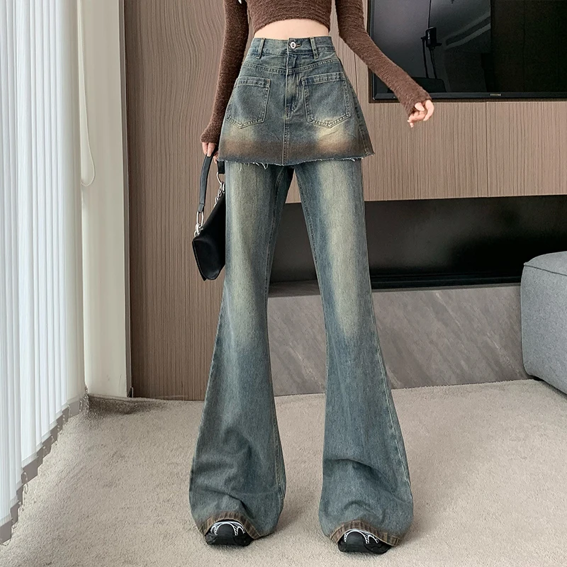 

2024 New Bottoms Chic Fake Y2k Jeans Streetwear Vintage Flare Pants for Women Casual High Waist Denim Trousers Pantalon Femme