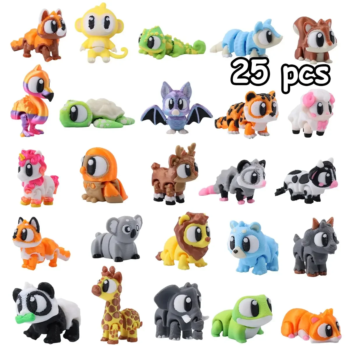 25 Piece Set 3D Printed Multi-Jointed Large Eye Animal Figurines, Cartoon Large Eye Movable Forest Wildlife Set, Colorful Cute Desktop Decorations, Tabletop Decor