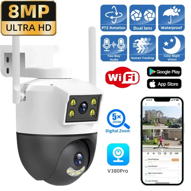 

8MP Dual Lens Wifi Surveillance Camera Outdoor PTZ CCTV Monitor Ai Human Tracking Auto Full Color Night Security HD Vedio IP Cam