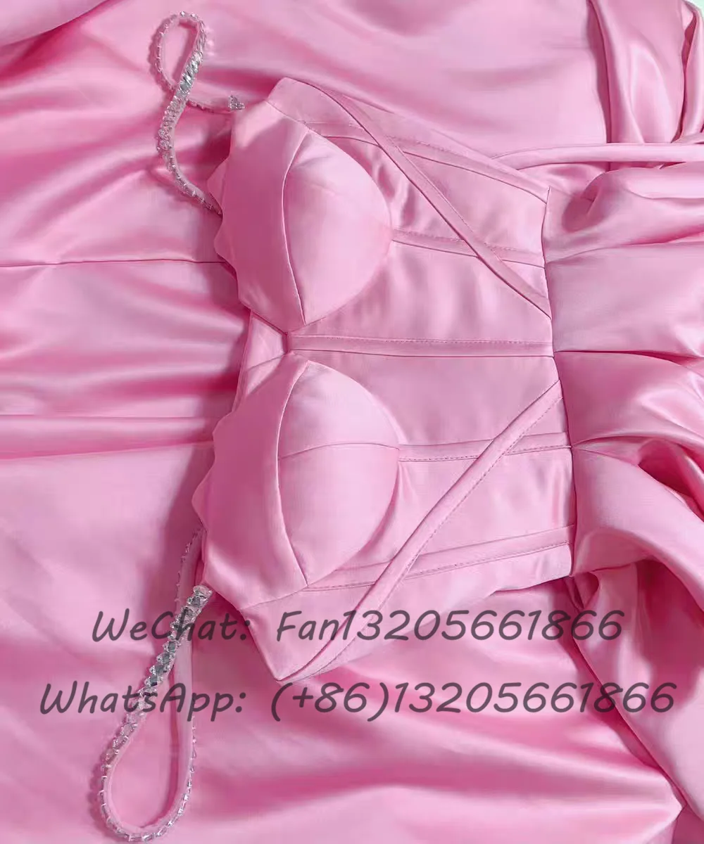 Sexy High Slit A Line Prom Dresses Pink Satin Backless Fashion Women Evening Dress Custom Made Wedding Guest Gown