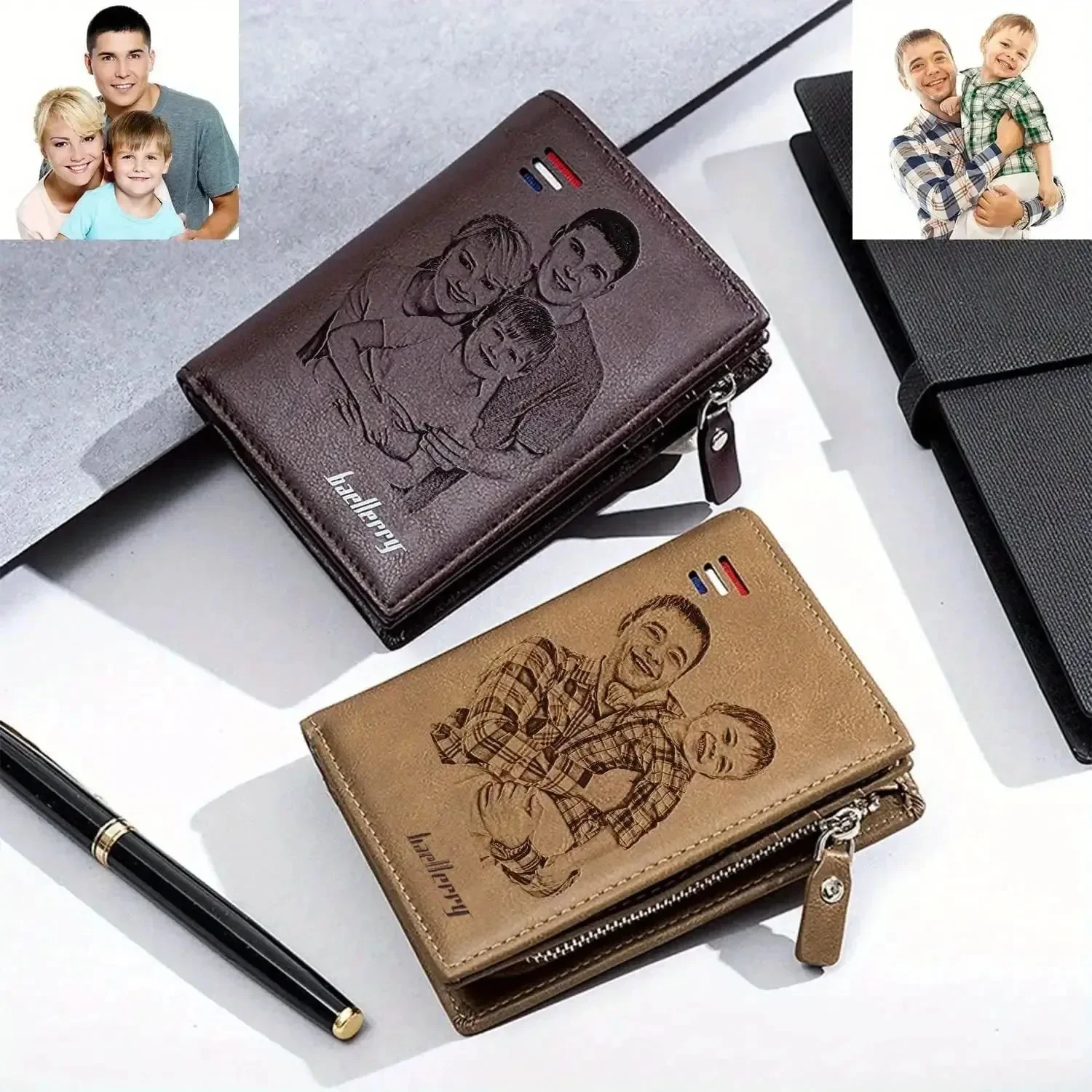 Custom Photo Text Men Wallet Engraved Picture Wallet High Quality PU Leather Bi-Fold Personalized Gift for Dad Husband Boyfriend