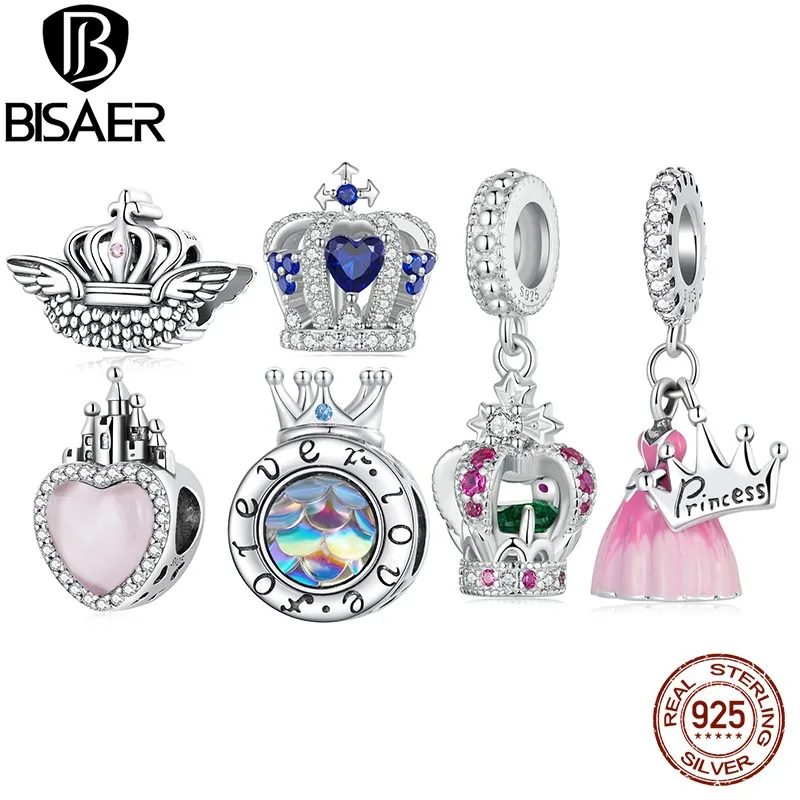 

BISAER 925 Sterling Silver Princess Crown Charm Bead Pink Heart Bow Castle Pendant For Romantic Women DIY Bracelets Fine Jewelry