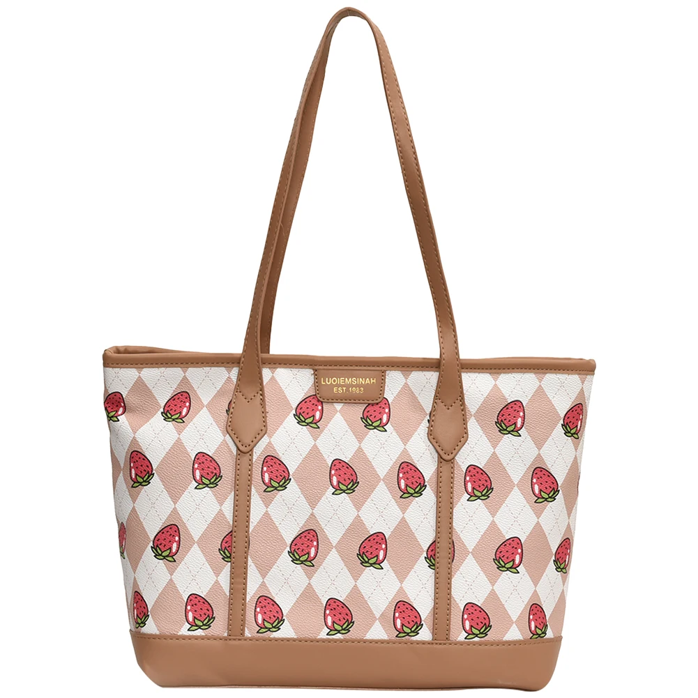 Bolsa de ombro feminina com zíper em couro PU, bolsa estampada morango, bolsa com alça superior, bolsa hobo de grande capacidade