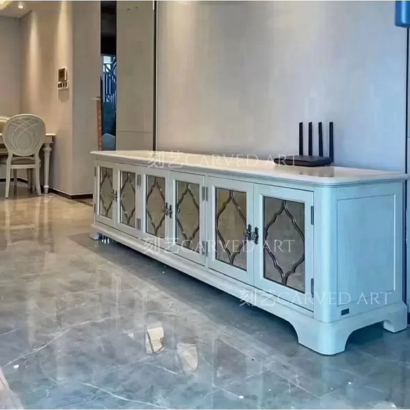 

1184A Living room home retro white oak metal glass TV cabinet solid wood