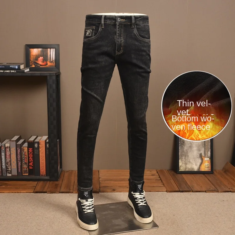 Herfst En Winter Zwart Plus Fluwelen Jeans Heren Winter Zachte En Comfortabele Stretch Slim Fit Skinny Gewassen Casual Broek