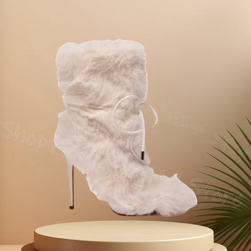 

White Fur Strappy Pointed Toe Mid Calf Boots Slip On Women Shoes Thin High Heels Fashion Party Dating 2025 Zapatos Para Mujere