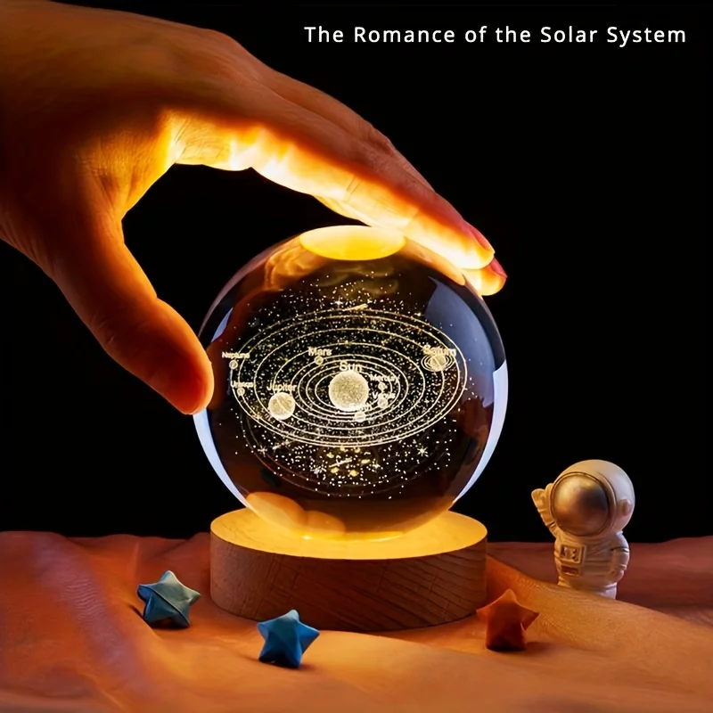 

Solar System Crystal Ball Lamp, 3.15 Inch Crystal Ball Night Light with Wooden Base, Planet Laser Engraving Holographic Light, 3