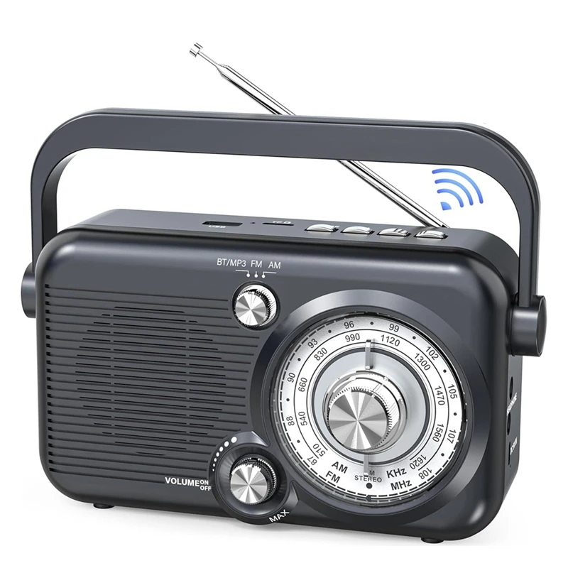 Portable Bluetooth AM FM Radio,1200Mah Battery Powered Radio Loud Speaker,Support SD Card And USB MP3 Player,Backlight