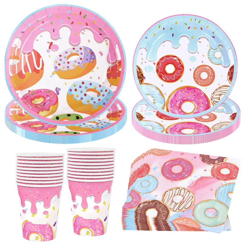 1Set Donut Party Decoration Disposable Tableware Plate Cup Napkins Candy Gift Bags Kids Baby Girl 1st Birthday Party Supplies