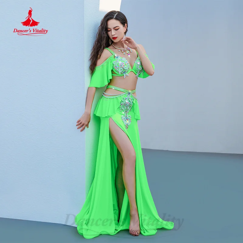 BellyDance Costume Set Customized Exquisite Pearl Bra+rhinestone Split Long Skirt 2pcs Women Oriental Dance Performance Costumes