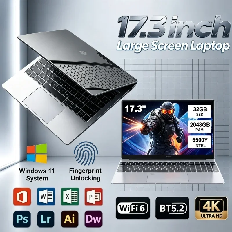 17.3" Portable Notebook Intel 6500Y Windows 11 32GB RAM 2TB SSD Fingerprint Unlock Laptop For Daily Work Home Game Application