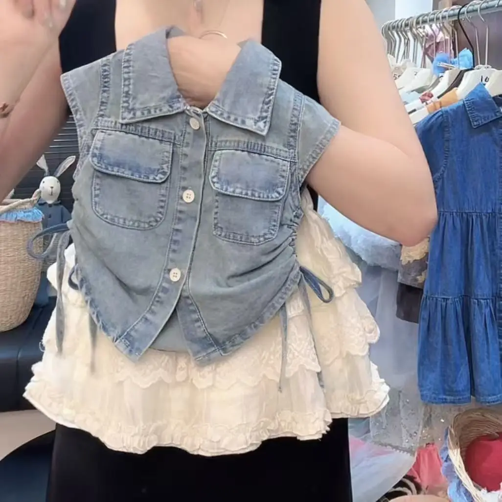 

Girls Summer Outfit Fashionable New Children's Denim Short Sleeve Shirt + Cake Skirt Two-Piece Set