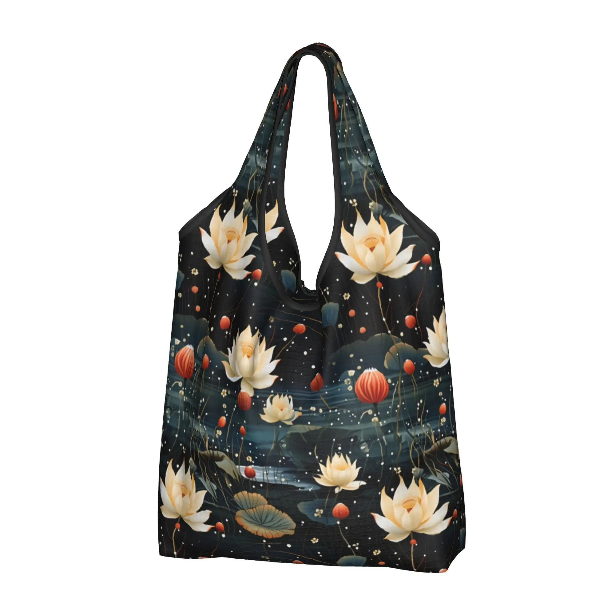 Recycling Lotus Nelumbo Nucifera  Shopping Bag Women Tote Bag Portable  Grocery Shopper Bags
