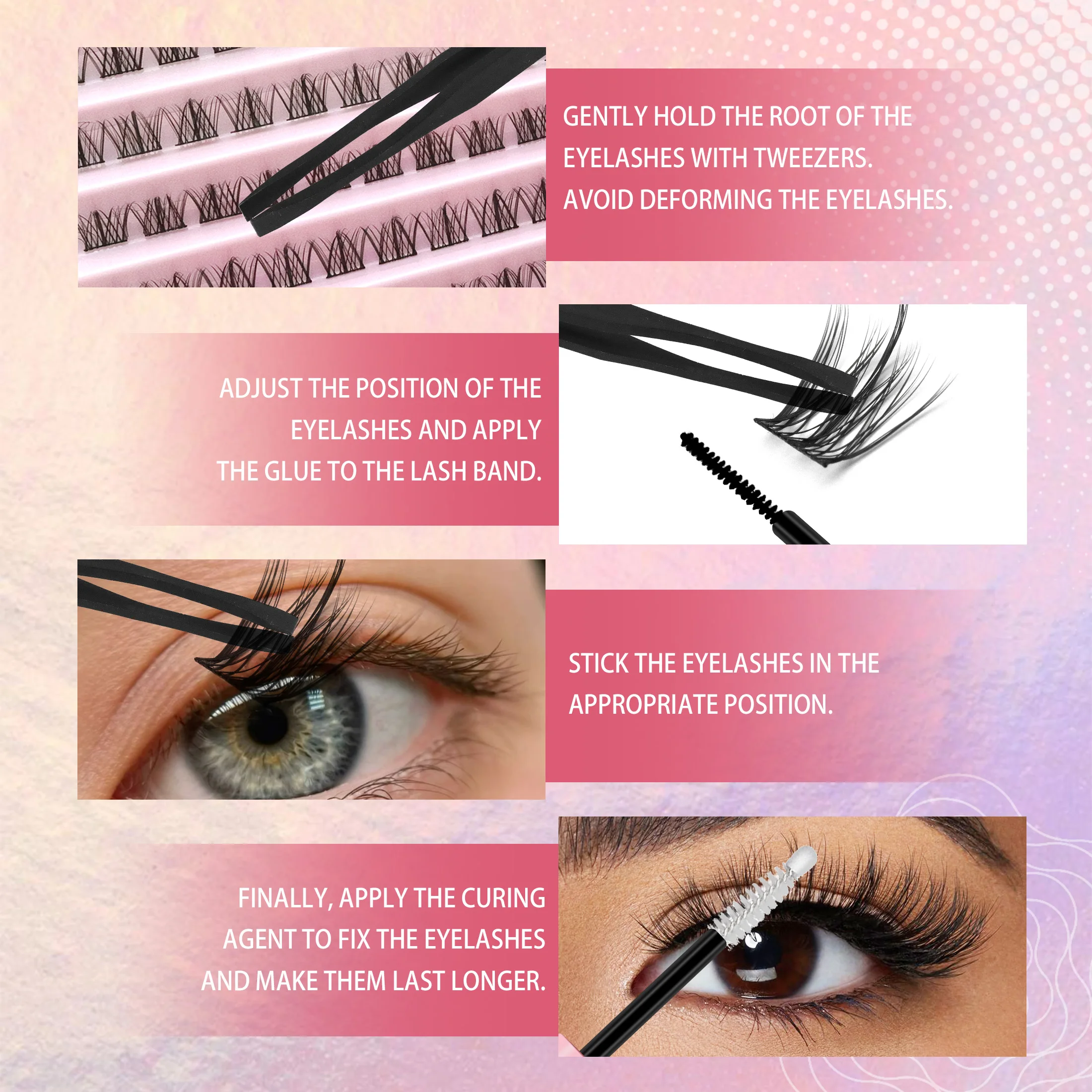 Zestaw do samodzielnego przedłużania rzęs, 200 kępek sztucznych rzęs, mieszanka kępek rzęs z klejem do rzęs, aplikatorem i narzędziem do makijażu.