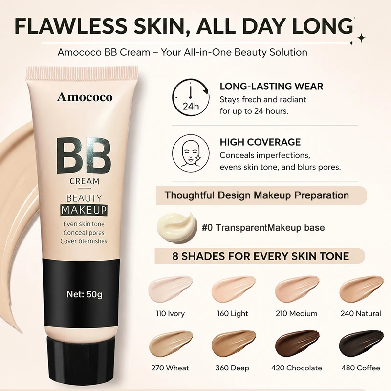 Amococo 2pcs BB Cream 50g Each Beauty Makeup Base Cream Natural Finish Face Foundation Even Skin Tone Makeup Pore Concealing Coverage Blemish Cover Makeup Lightweight Moisturizing Face Cream Multi Shade Options for Daily Makeup