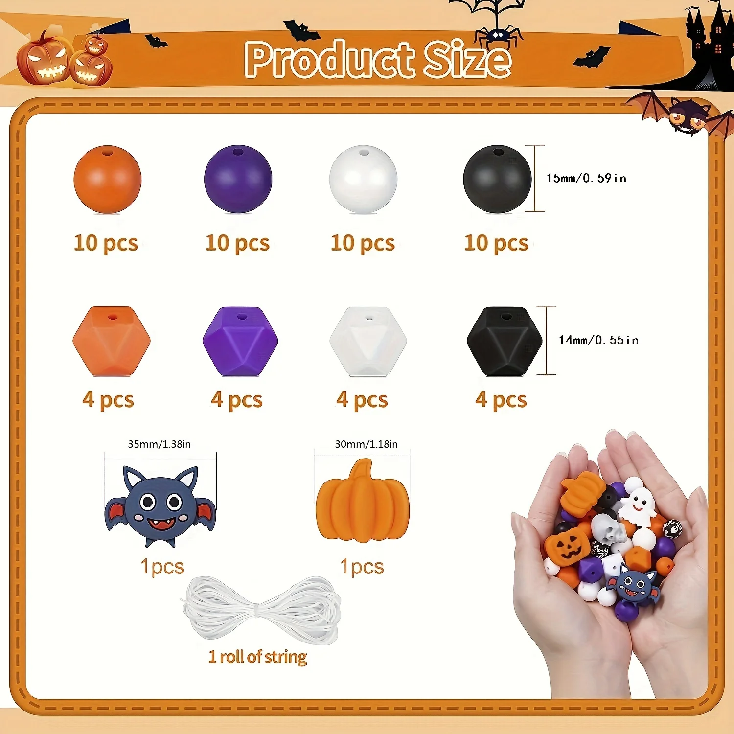 59 Pieces Halloween Silicone Beads, Pumpkin Skull Shape Ghost Bat Polygonal Beads for Home Decoration Crafts Bracelet Keychain