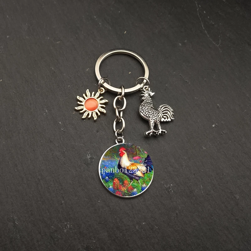 hotFlower chicken rooster keychain oil painting chicken cabochon glass pendant animal keychain chicken car DIY keychain jewelry