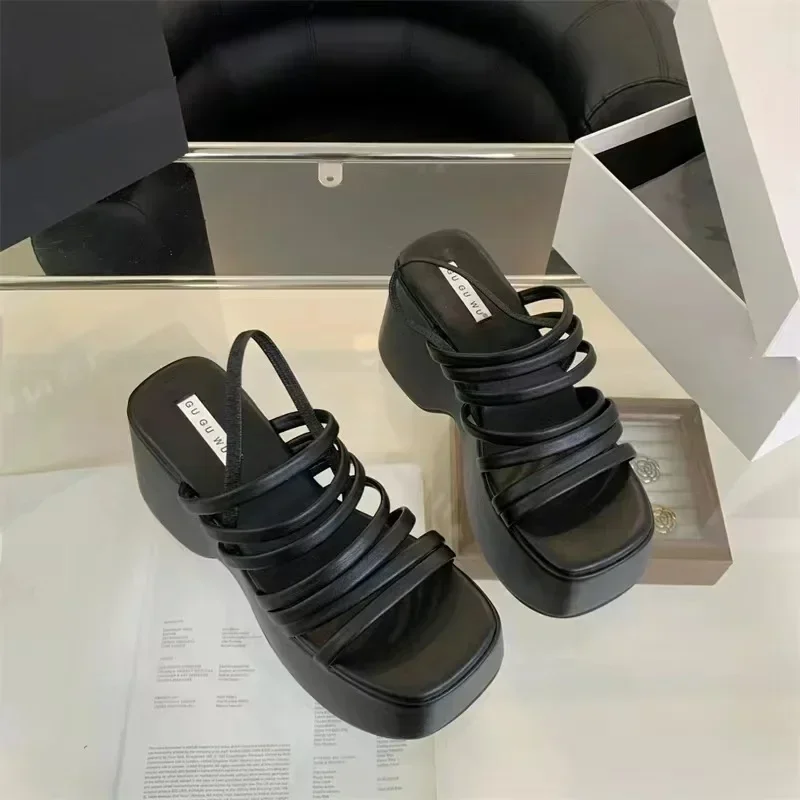 Women\'s Summer Chunky Heels Sandals New Fashion Strap High Heeled Slippers Woman Black Slip on Casual Platform Sandalias Mujer