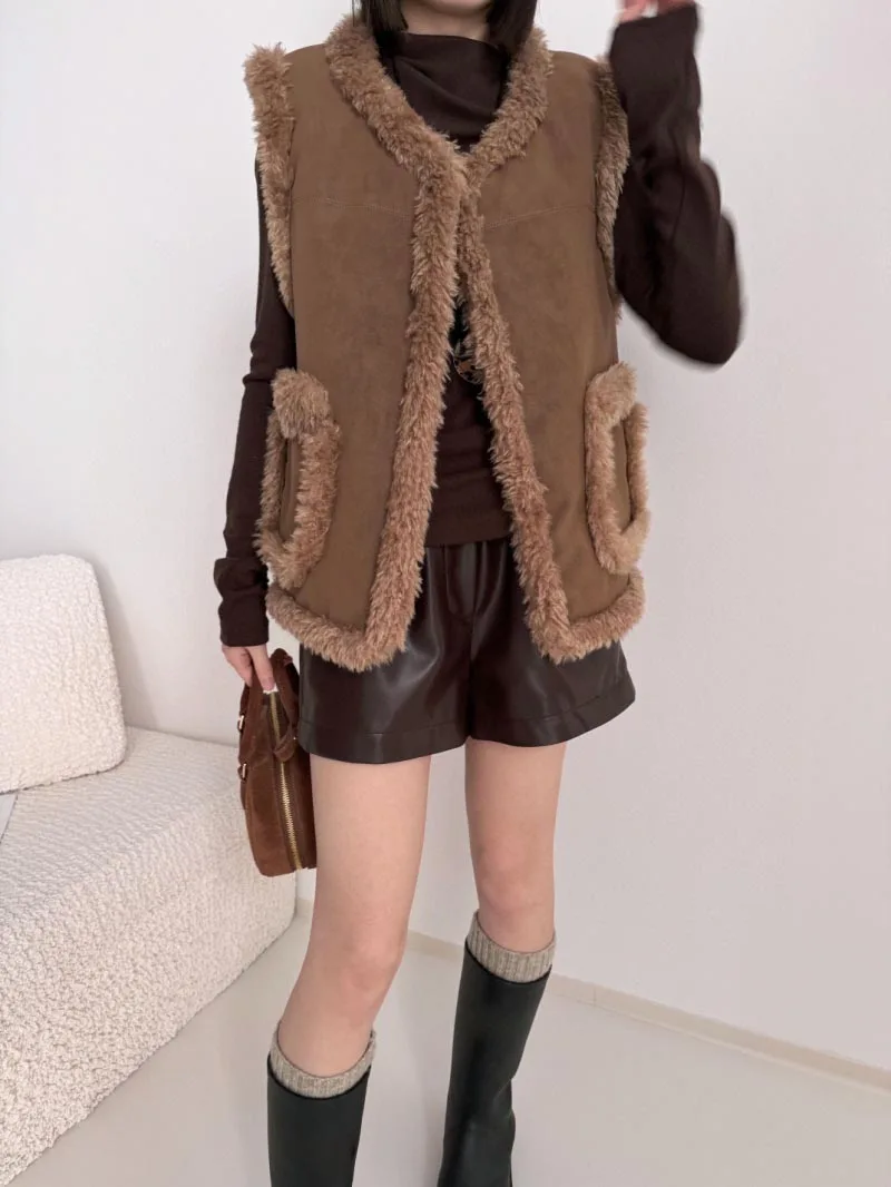 2024 Plush Splicing Deer Skin Vest Autumn/Winter New Double sided Wearable Tank Top Elegant Warm Sleeveless Jacket