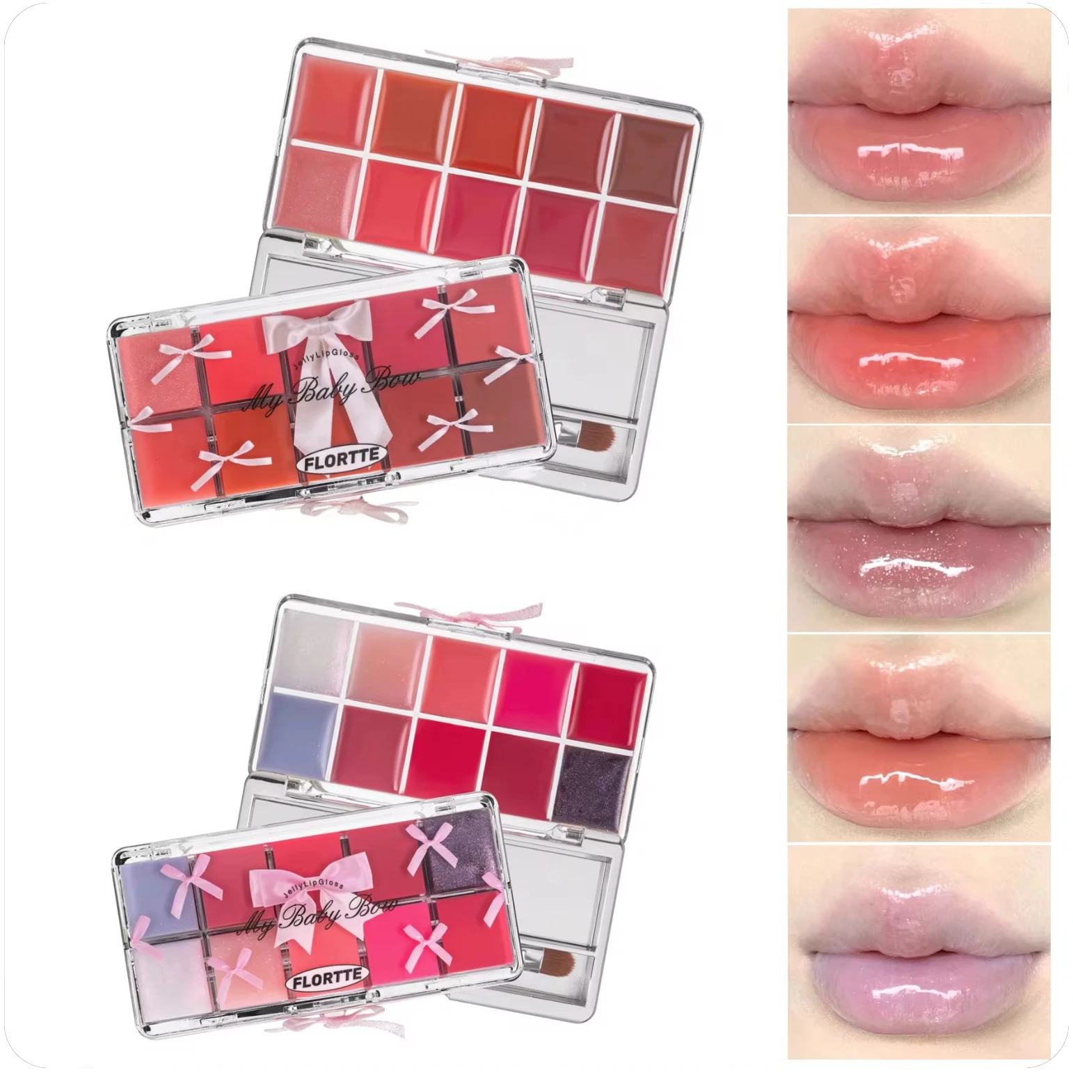 FLORTTE Brand Real 10-Color Lip Palette Lip Gloss and Lipstick Glossy Moisturizing Pigmented Multifunctional Original Cosmetics