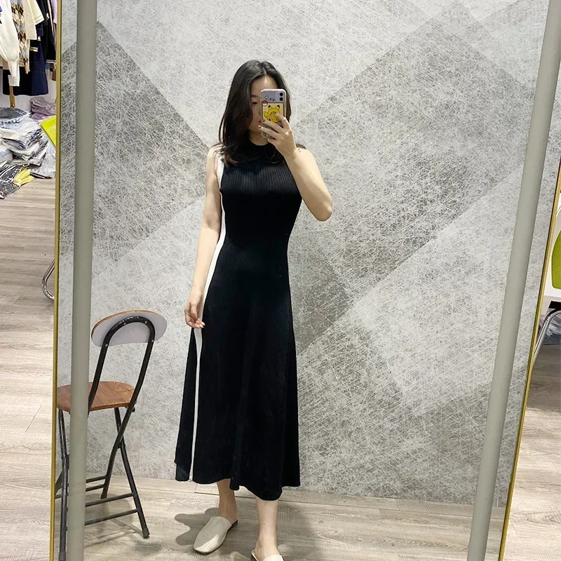 Summer New Women Ribbed Black Pit Striped Sleeveless Side Slit Knitted Dress