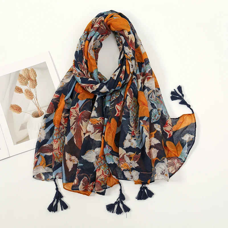 

New Women Cotton Linen Scarf Hijabs Floral Print Tassel Shawl Vintage Patchwork Viscose Long Muffler Sunscreen Tippet Scarves