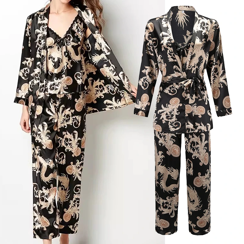 

Женский весенний новый комплект для сна: пижама, сексуальный топ на бретельках, брюки и халат (3 предмета), шелковистый атласный пижамный комплект, домашняя одежда, ночная сорочка с принтом