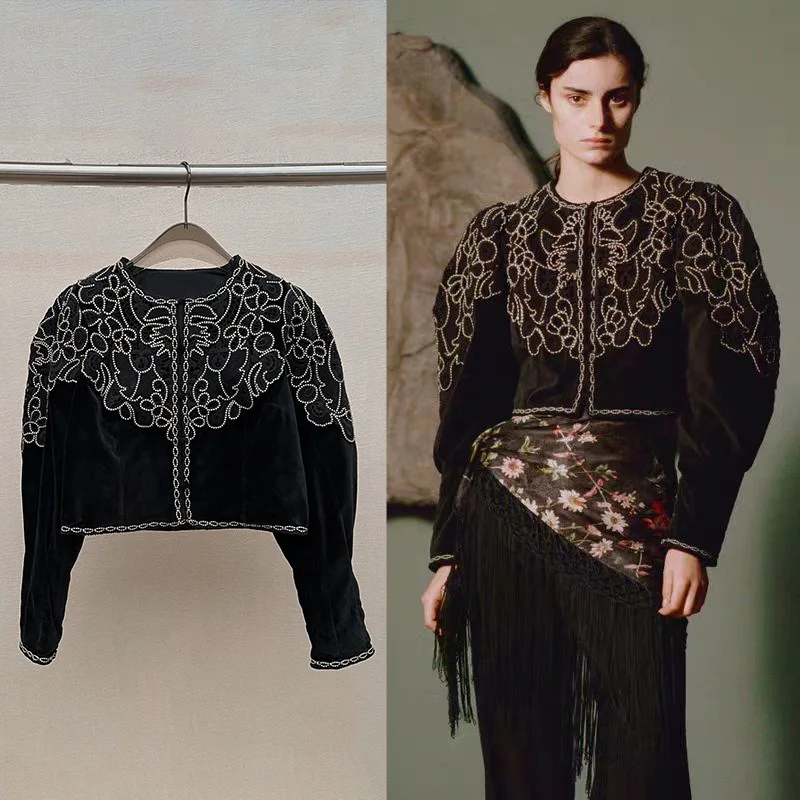 

【Подарок бесплатно】Осенне-зимняя ультракороткая бархатная аппликация в придворном стиле с вышивкой и круглым вырезом 2025