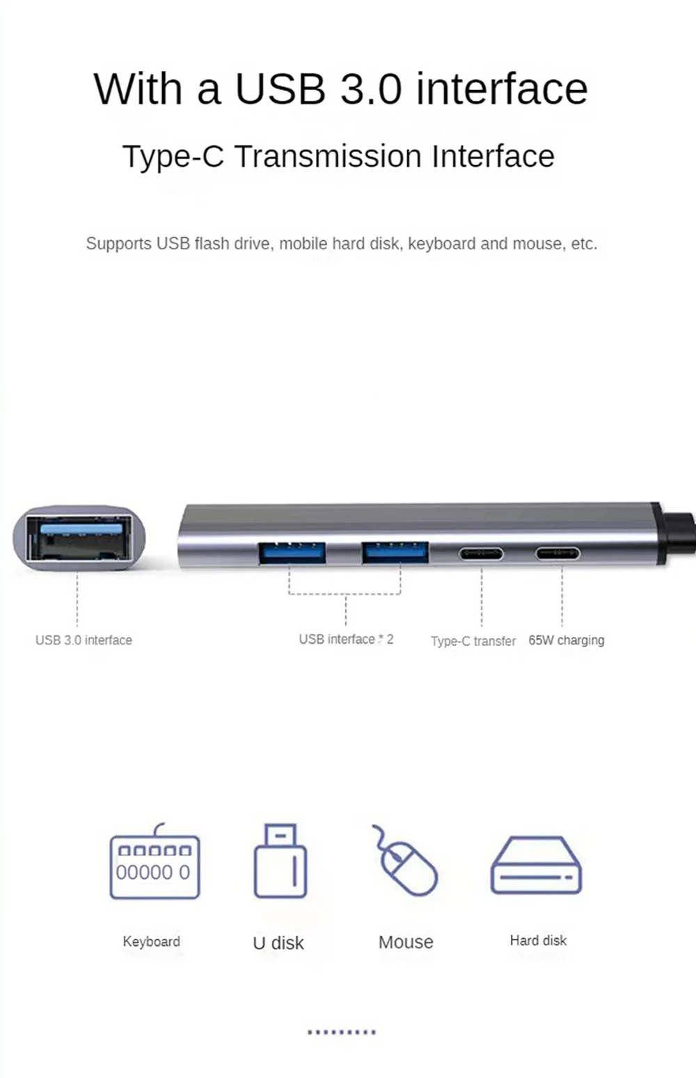 5-in-1 USB 3.0 HUB 5Gbps USB C Docking Station PD 65W Type C to USB HUB USB 3.0 Splitter OTG Adapter For PC Laptop Macbook Pro