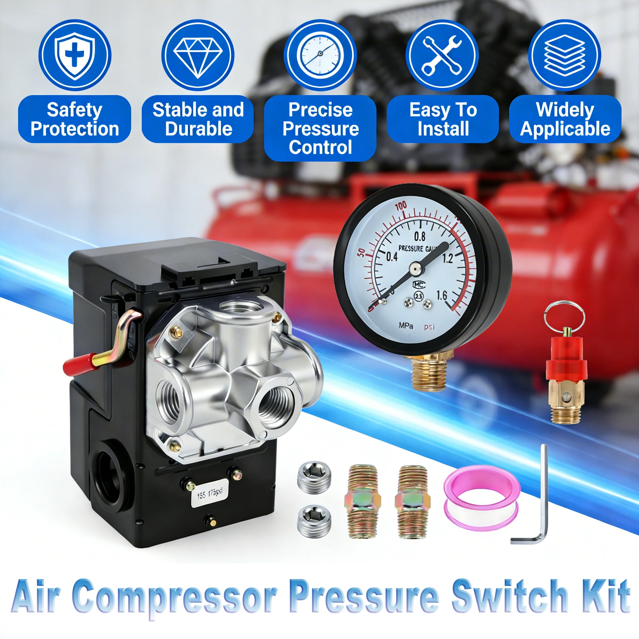 

Реле давления для воздушного компрессора 135-175 PSI, 4 порта, 20 А, с манометром 0-200 PSI и латунным предохранительным клапаном 1/4" NPT, замена