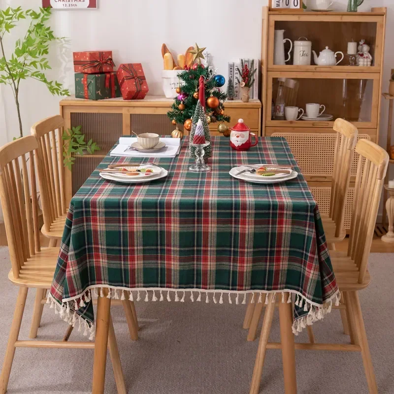 

Christmas tablecloth Green Plaid Photo Atmosphere Resort Home Textile 2024 New Year table cover for Family Gathering Restaurant