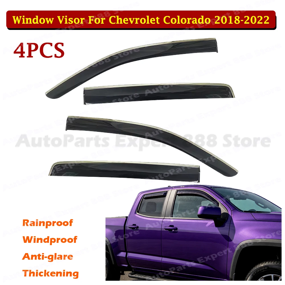 4PCS PC Window Visor With Chrome Trim Rain Guard For Chevrolet Colorado 2018-2022 Side Wind Deflector Anti-UV Weather Shield