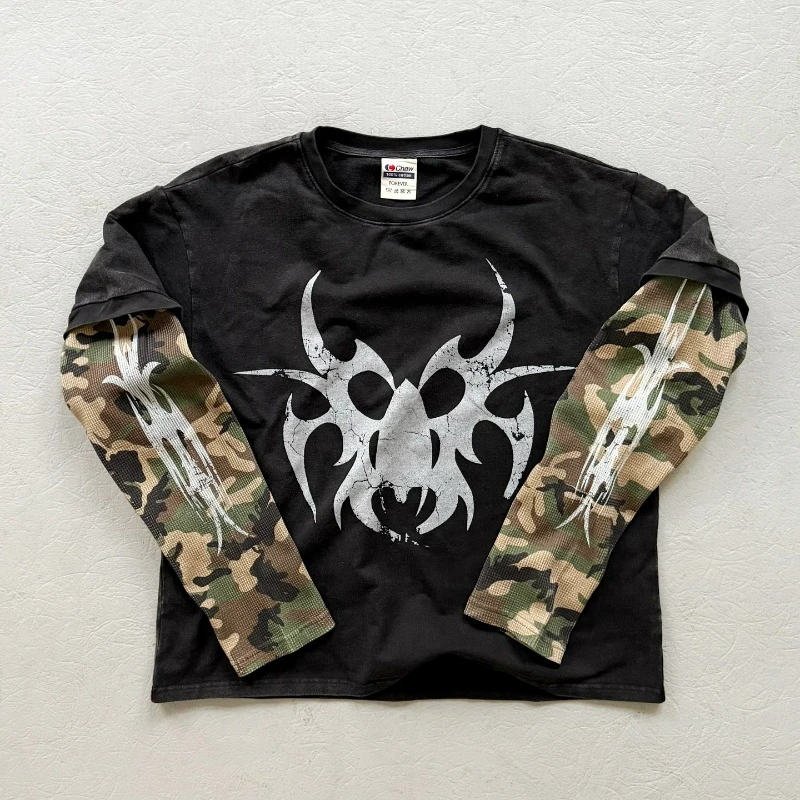 

American Retro Washed Long Sleeves Camouflage Stitching Unisex New Pullover Gothic High Street Classics Cotton Boxy Men Clothing