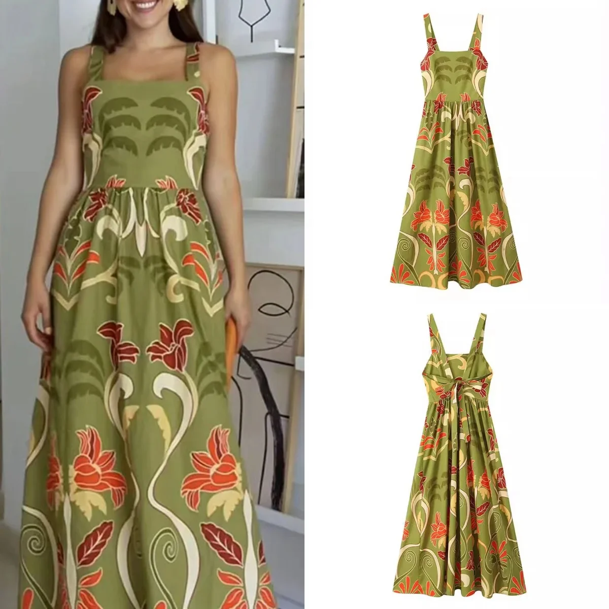 Print Slip Midi Dresses for Women Boho Pleated Long Dress Woman Summer Backless Womens Dresses Straps Beach Dress Women