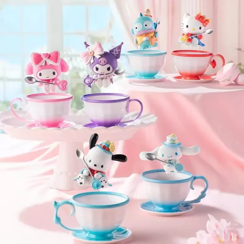 Cute Sanrio Tea Cup Elf Series Figure Pochacco Cinnamoroll Kuromi My Melody Hello Kitty Hangyodon Figurine Anime Doll Model Toys