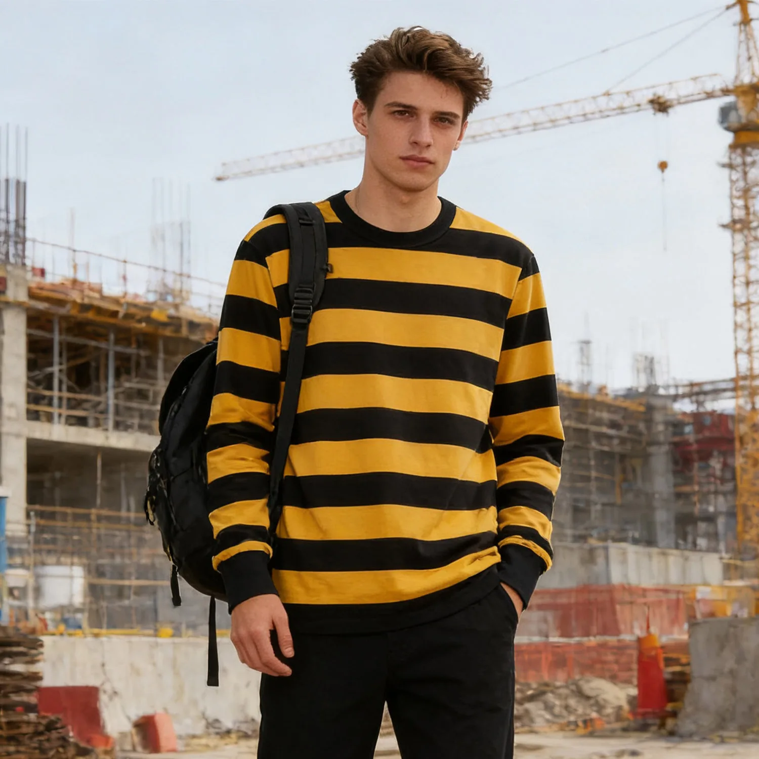 Men Amekaji Retro Heavy Striped Long Sleeve Tee Prison Locomotive Vintage Casual Workwear Tops
