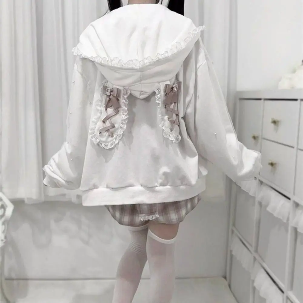 

Long Sleeve Strapped Rabbit Ear Hoodie Lolita JK Winter Autumn Rabbit Ear Hoodie Thick Warm Ladies Top Cardigans Women Y2K
