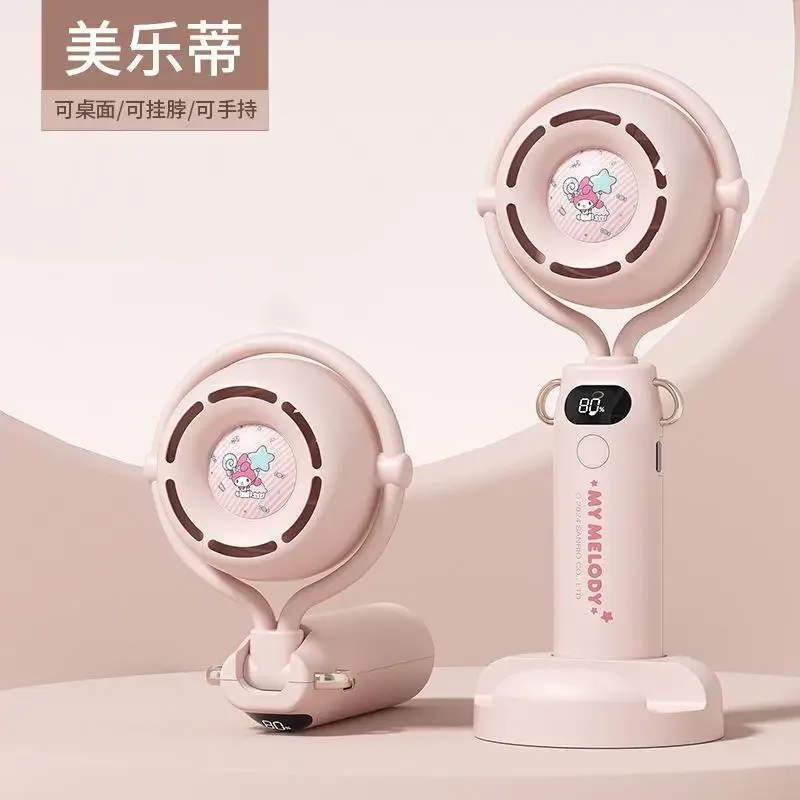 Sanrio My Melody Handheld Fan Kawaii Portable Small Fan Kuromi Pochacco Cinnamoroll Small Desktop Hanging Neck Fan Exquisite