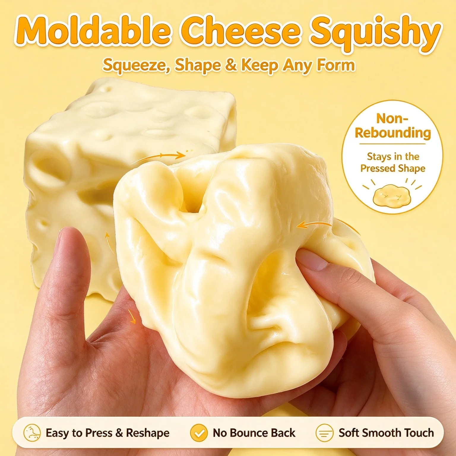 Cheese Cube Squishy Fidget Toy Soft  Non Rebound Squeeze Block Sensory Anxiety Relief Novelty Desktop Game Decor Gift For Adults