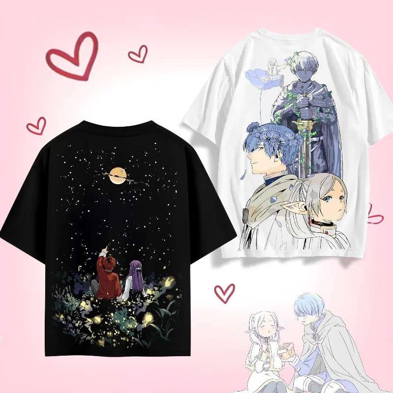 Camiseta de manga corta con estampado a doble cara de la serie de anime «Frieren: Más allá del final del viaje», de corte amplio, estilo urbano de manga, ideal para los fans del anime.