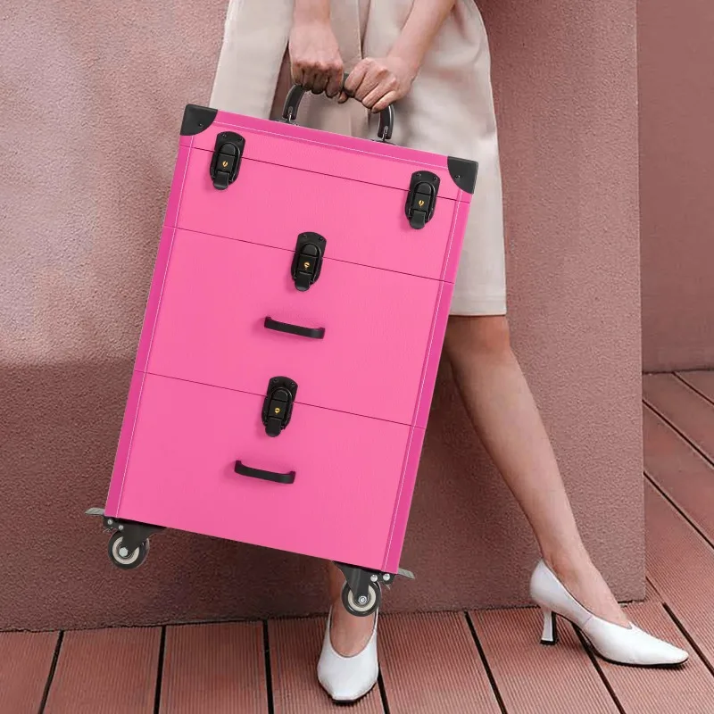 Removable Dividers, Waterproof Surface, Sturdy Zinc Alloy Frame, Rose RedMakeup Train Case with 3-Tier Design, Large Capacity,