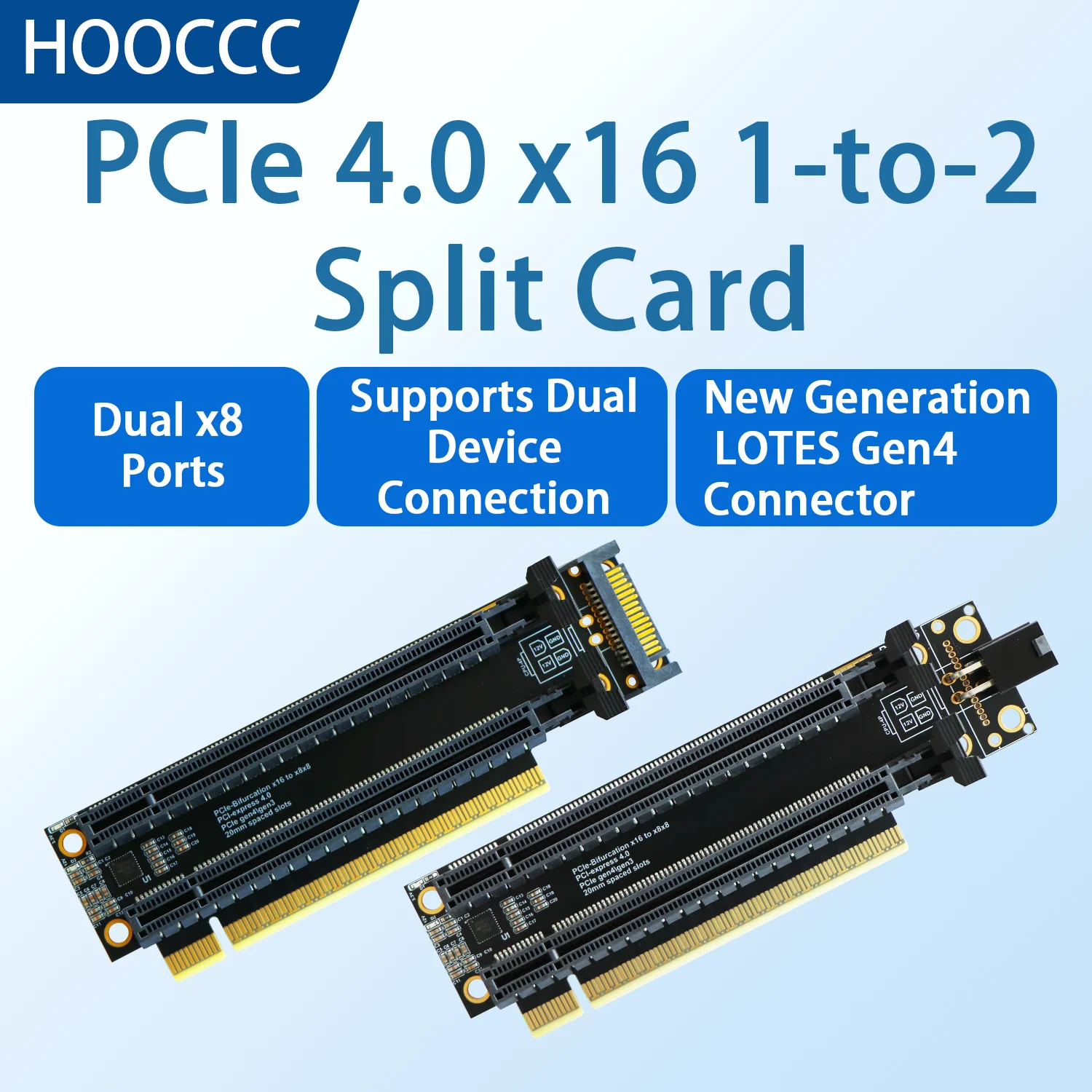HOOCCC P2A PCIe 4.0 x16 to Dual x8 Split Card, Gen4 Bifurcation Riser with Clock Chip, 6-Layer PCB 5µm Gold Plated, SATA/4-Pin P