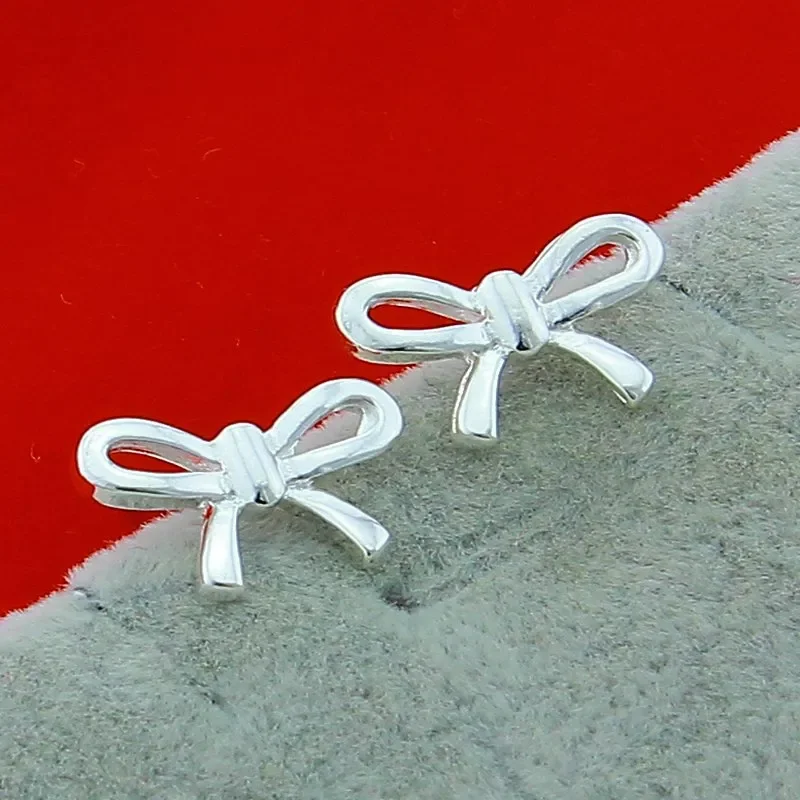 Romantic 925 Sterling Silver Cute Girls Bow-Knot Stud Earrings for Women Child Kids Jewelry Birthday High Quality Gift